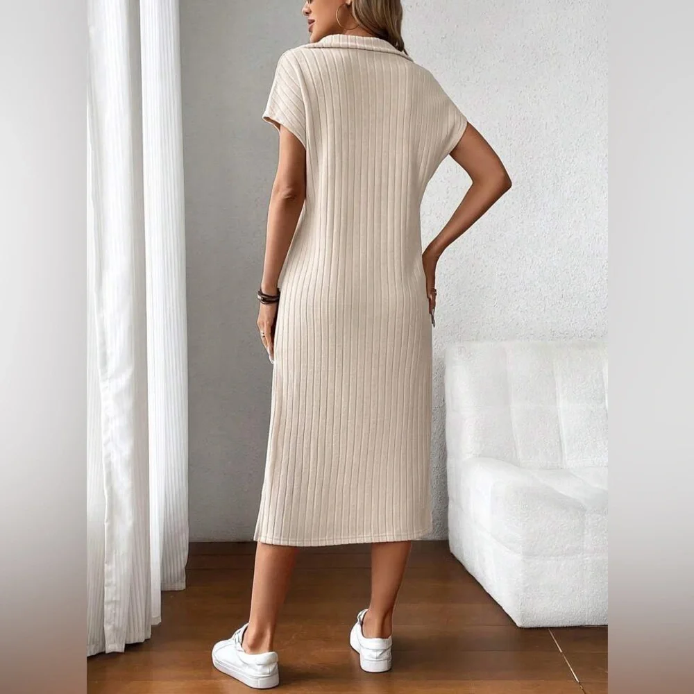 Beige Cream Ribbed Midi Dress - Picture 5 of 15